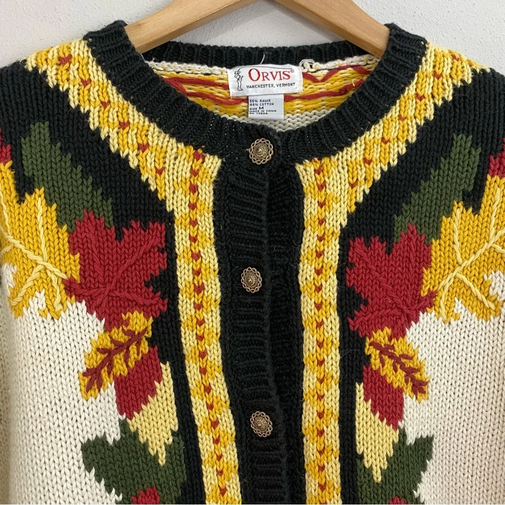 Orvis Vintage Autumn Fall Leaf Cardigan Sweater Gold Buttons Woman’s Size Medium - Picture 2 of 6